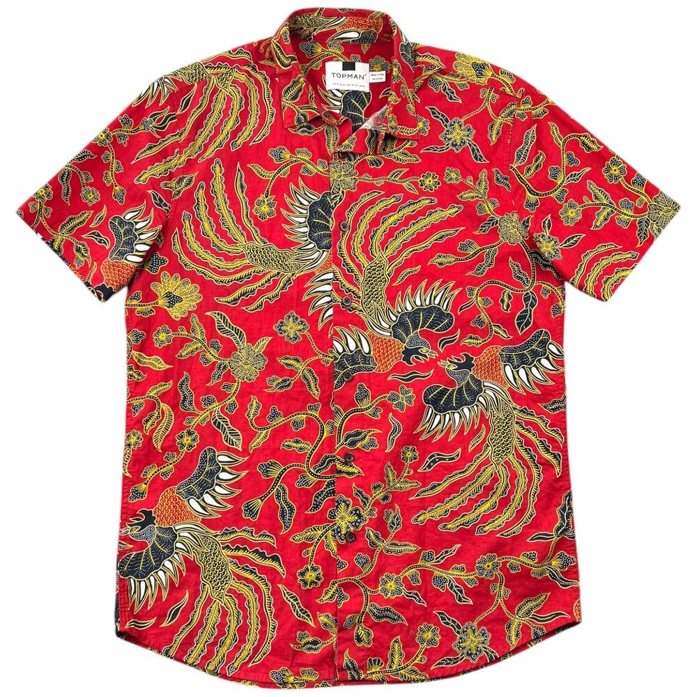 Topman Floral Bird Print Shirt Red Tropical Cotton Button Up Japanese Inspired M